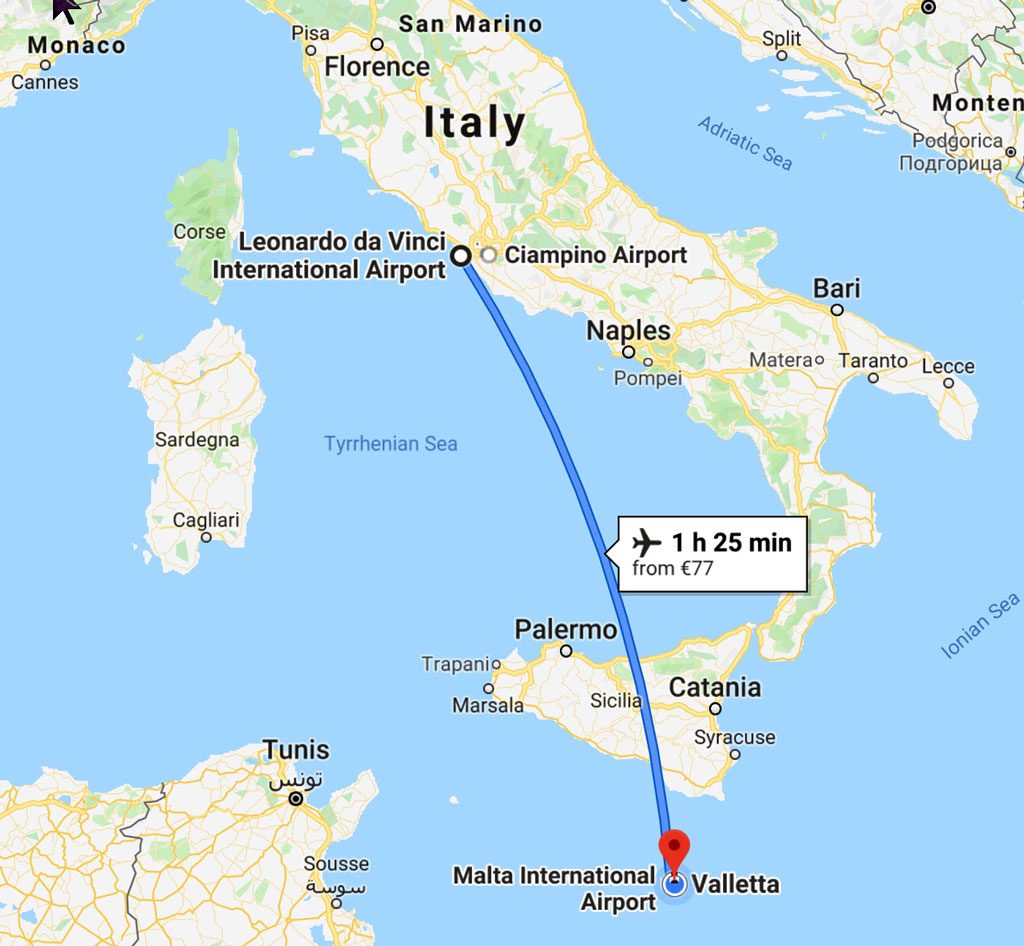 Map - Rome to Valletta
